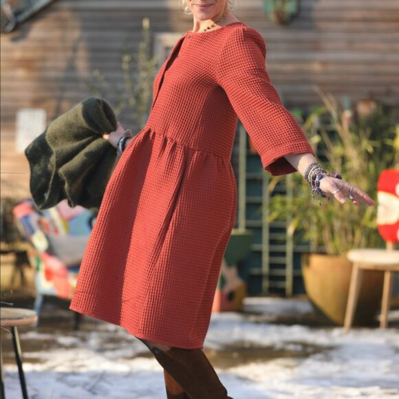 French Quintessence Elgantine Dress in Burnt Orange Terracotta Corduroy - Picture 1 of 16